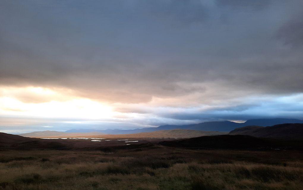 Uitgestrekt bruin heideveld en enkele meertjes in het zonlicht.