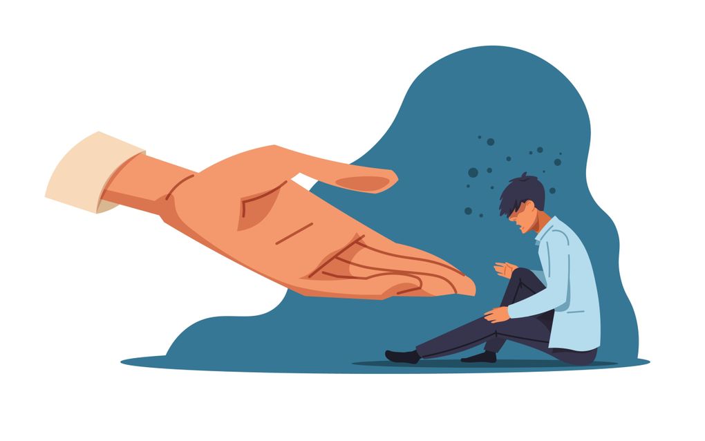 Illustratie van een man die het moeilijk heeft, zittend in een donkerblauwe ‘wolk’. Hem wordt een uitgestoken hand geboden.