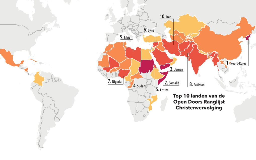 Wereldkaart met daarin tien landen uitgelicht in oranje, rood en geel.