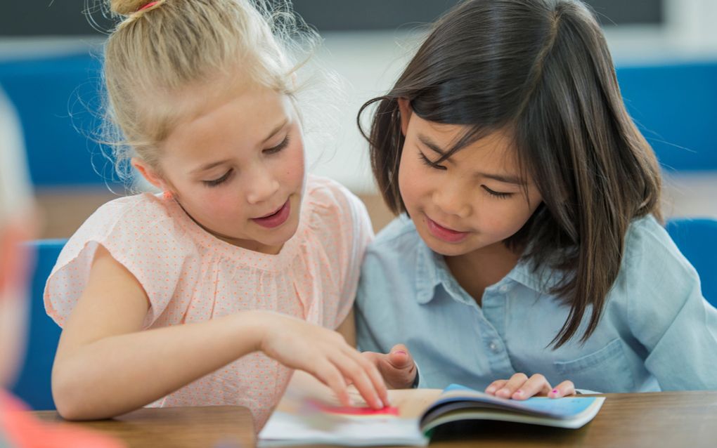 Twee kinderen lezen uit een en hetzelfde boek.