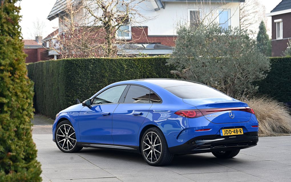Een blauwe auto staat op een grijze tegelondergrond. Op de achtergrond een groene heg en wat struiken.