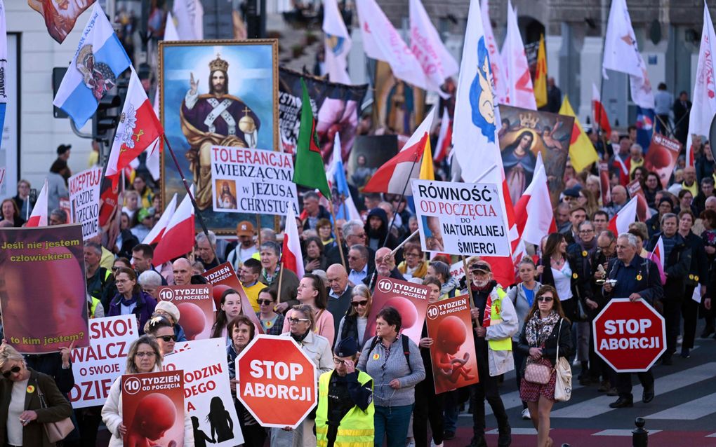 Pro-life demonstranten tonen borden en vlaggen tijdens de Mars voor Kinderen in Warschau. beeld AFP, Sergei Gapon