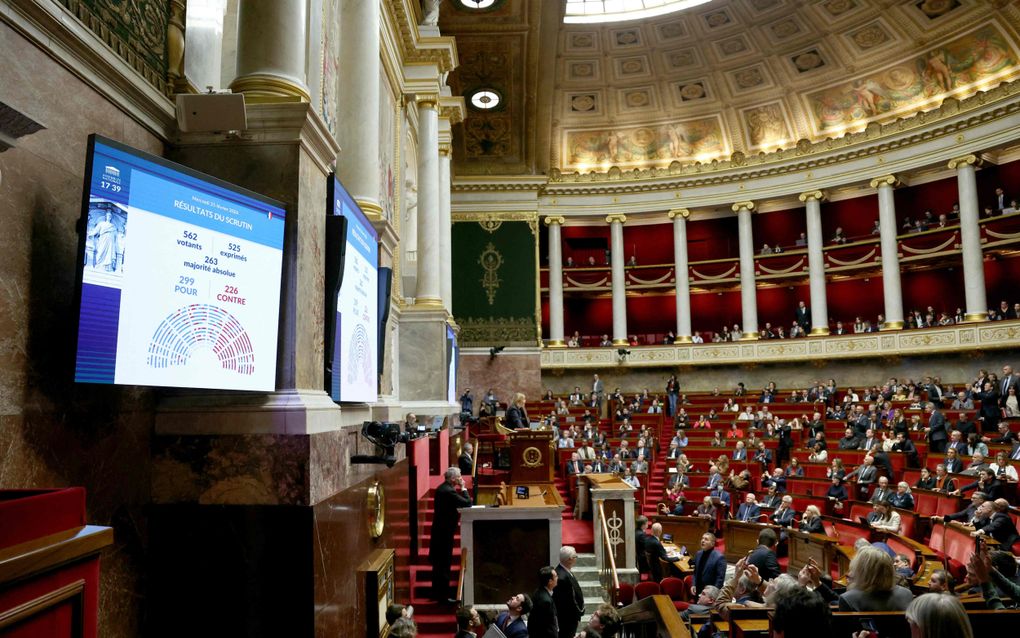Parlement bijeen, voorop op scherm de uitslag van de stemming: 299 voor, 226 tegen.