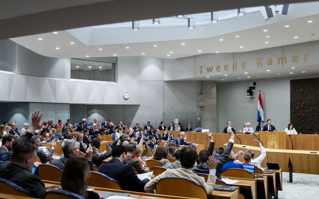 Beeld van vergaderzaal met vrouwen en mannen die hun hand opsteken.