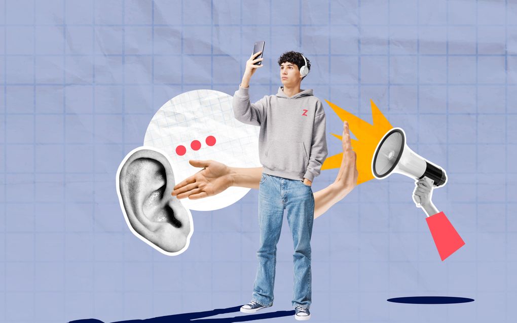 Een lichtblauwe illustratie met een jongen erop met een koptelefoon op die op zijn mobiel kijkt. Links ernaast een oor, rechts ernaast een megafoon.