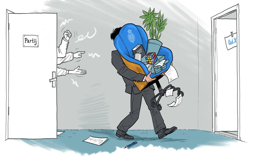 Illustratie van een man die met een blauwe stoel met persoonlijke spullen erop door een gang loopt.