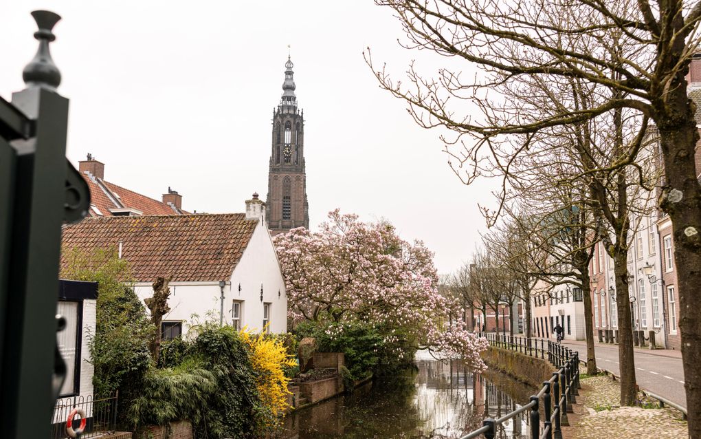 Een eeuwenoude kerktoren steekt hoog boven de oude huizen in een stad uit. Een deel van de huizen staat aan een gebogen gracht.