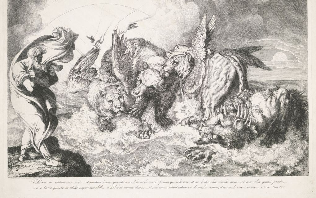 Een plaat in grijstinten waarop links een man op een rots staat, de rots ligt in de zee waaruit vier draakachtige dieren komen.