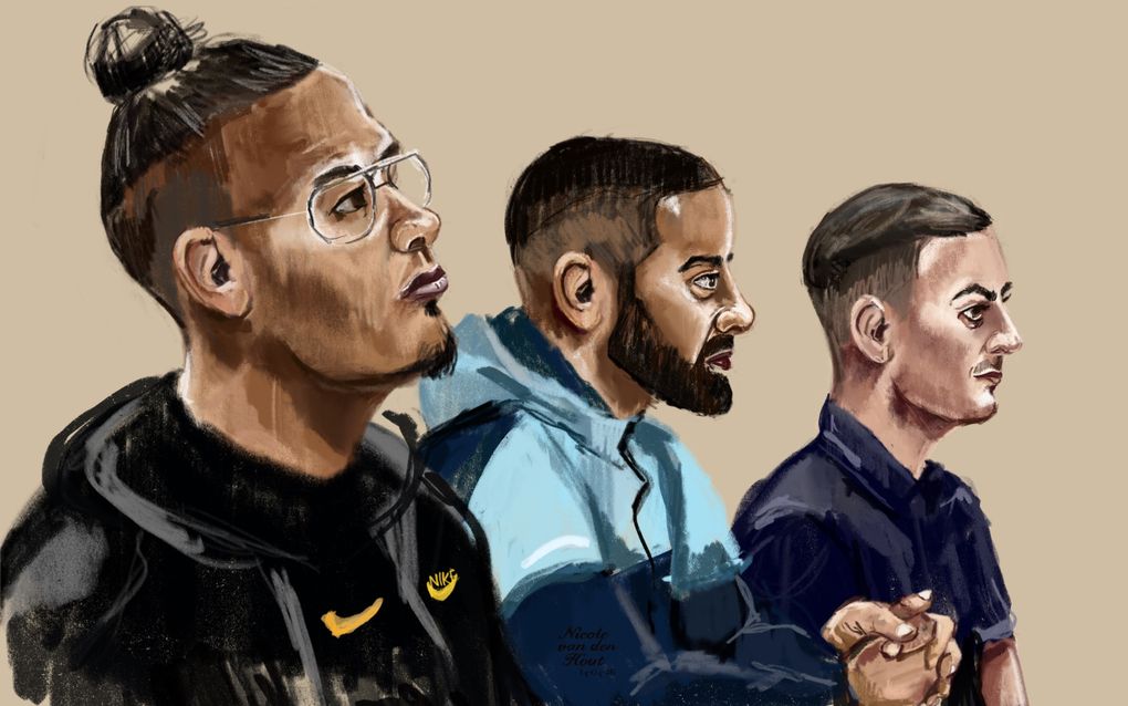 tekening met links een donkere man met een bril en een knotje, daarnaast een getinte man met een baard en rechts een blanke jongeman.