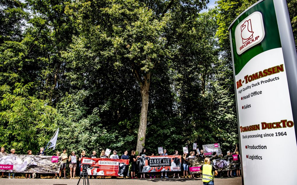 In een bosachtige omgeving staan demonstranten met protestdoeken met teksten zoals ”Sluit alle slachterijen”. Rechts een bedrijfsbord van eendenslachterij Tomassen Duck-To.
