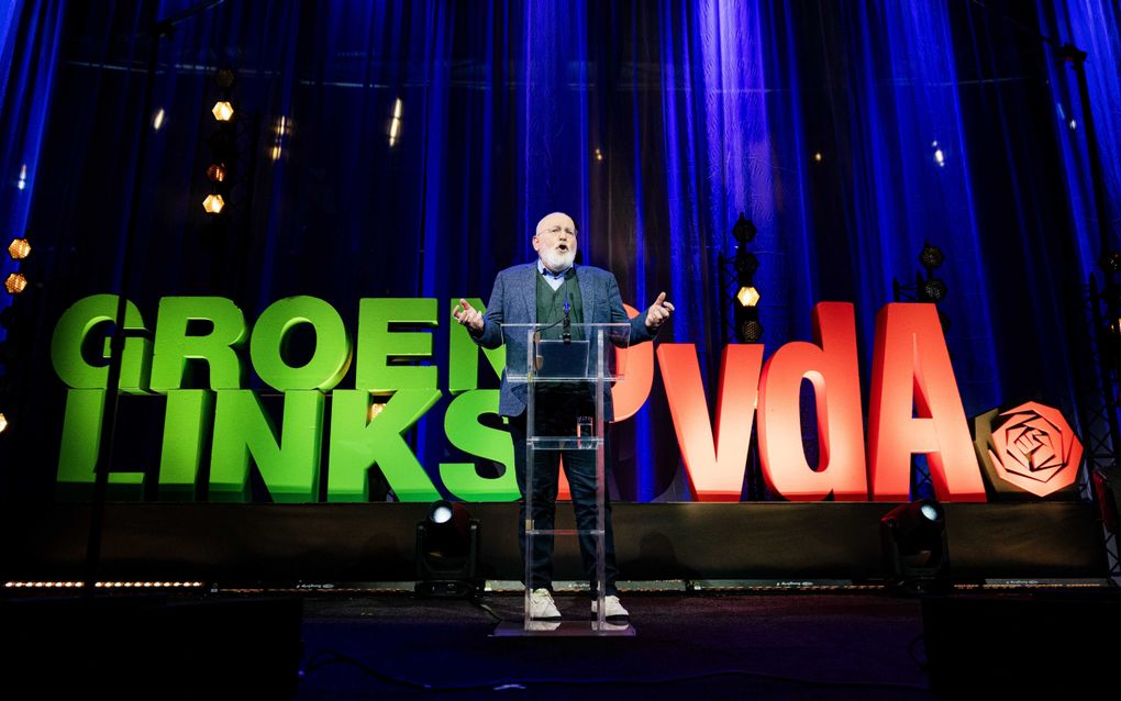 Frans Timmermans zaterdag tijdens het gezamenlijke partijcongres van de PvdA en GroenLinks. beeld ANP, RAMON VAN FLYMEN