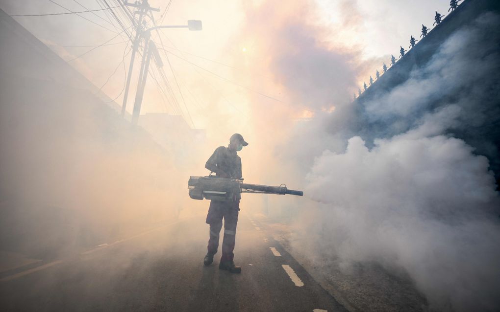 Een medewerker spuit gifwolken om een muggenplaag in Jakarta tegen te gaan. De muggen brengen de infectieziekte Dengue (knokkelkoorts) over. beeld AFP, Bay Ismoyo 