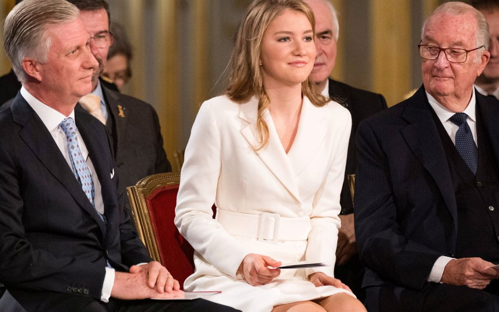 De koningen Albert en Filip in het koninklijk paleis in Brussel bij de achttiende verjaardag van kroonprinses Elisabeth in 2019. beeld AFP, Benoit Doppagne