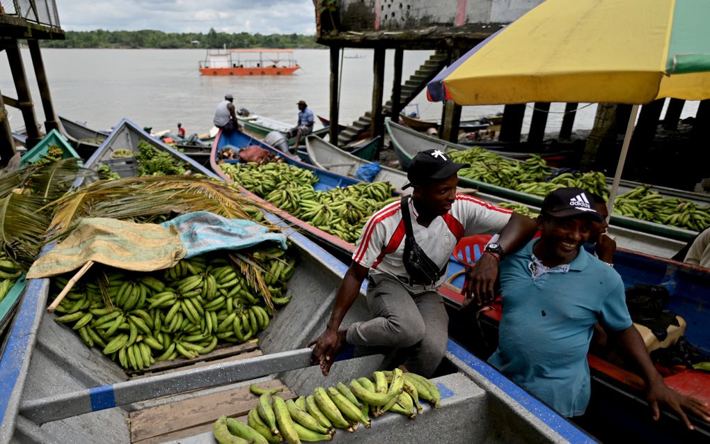 De lokale bevolking verkoopt bananen en ander fruit op een markt in Guapi, in het westen van Colombia. beeld AFP, Luis Robayo