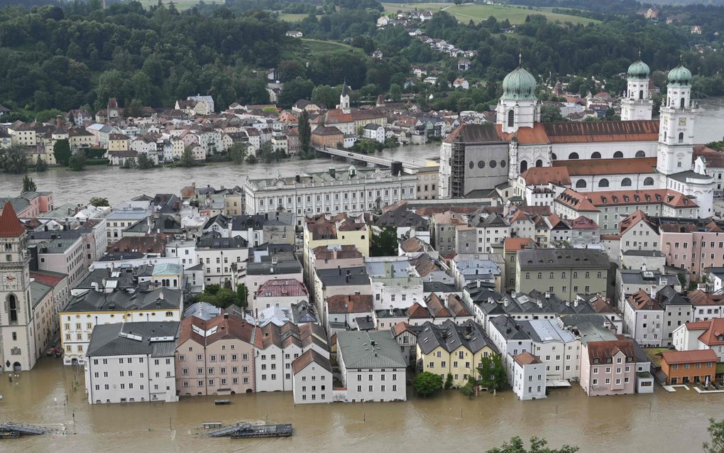 De stad van de drie rivieren noemt Passau zichzelf. Op de achtergrond de Inn, op de voorgrond de Donau. De Ilz, die ongeveer op deze plek de Donau in stroomt, is net niet te zien. beeld AFP, Michaela Stache