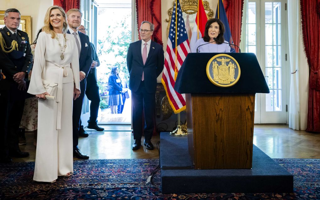 Koning Willem-Alexander en koningin Maxima, woensdag in Albany, de hoofdstad van de staat New York. Donderdag bezoekt het koningspaar New York City. beeld ANP, Remko de Waal