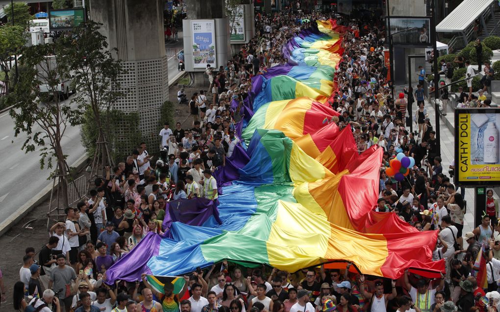 Deelnemers aan de Bangkok Pride Parade marcheren met een enorme regenboogvlag. beeld EPA, Rungroj Yongrit 