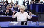 Ursula von der Leyen reacts after being re-elected as European Commission President during a plenary session of the European Parliament in Strasbourg, France, 18 July 2024. MEPs re-elected Von der Leyen as European Commission President for the next five years.  EPA/RONALD WITTEK