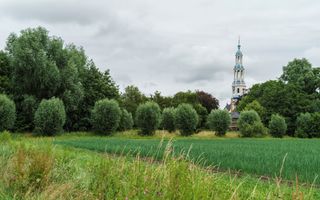 De kleurige toren van de Mariakerk in Uithuizermeeden steekt boven het groen uit. beeld Reyer Boxem 