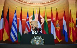 Biden kondigde op de NAVO-top in Washington onder meer de schenking van drie Patriot-systemen aan. beeld AFP, Jim Watson 
