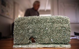 Kunstwerk van een hoge, groen-grijze haag met een opening erin als een poort. Op de achtergrond het silhouet van een man met grijs haar.