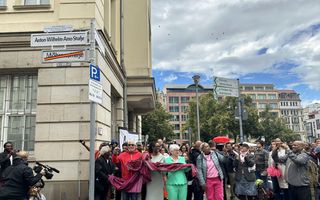 Mensen kijken naar de onthulling van een nieuw straatnaambord. 