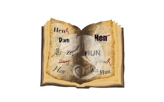 Een oud boek met woorden. Sommige zijn doorgestreept, bij andere staat een krul.