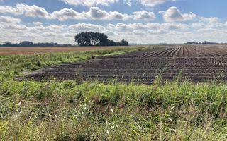 Omgeploegde akker en een weidse horizon. In de verte wat bomen en een boerderij.