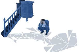 Blauwgekleurde tekening van preekstoel met man in gehurkte houding ervoor, met de handen in het haar. Onder hem is de schaduw van de preekstoel gebroken weergegeven.