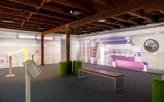 Een kleurrijke interactieve tentoonstelling wordt geprojecteerd de wand van het vernieuwde Tapijtmuseum in Genemuiden.