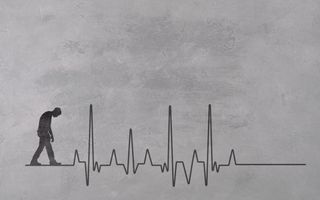 Illustratie van een man die voorovergebogen loopt. Donkere lijnen vormen het patroon van een hartritme. 