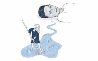 Een illustratie van een moeder die huilt. Uit haar tranen ontstaat een plas water. Een kind dweilt die plas op.