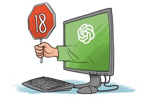 Illustratie van een computerscherm met het ChatGPT-logo waaruit een menselijke hand komt die een rood bord met 18 vasthoudt.