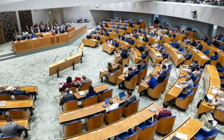 Grote vergaderzaal van de Tweede Kamer, waarin politici met elkaar debatteren.