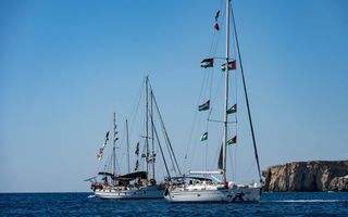 Witte zeilscheepjes met in de mast diverse Palestijnse vlaggen.