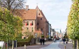 Historisch straatje waarin mensen lopen. Op de voorgrond herfstbomen, in de verte een stadspoort.