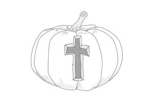Een tekening van een pompoen waar een kruis uit gegraveerd is.