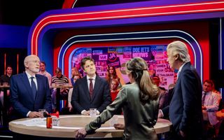 Lijsttrekkers Frans Timmermans (GL-PvdA), Henri Bontenbal (CDA), Dilan Yeşilgöz (VVD) en Geert Wilders (PVV) tijdens Het Debat van Nederland van SBS6. 