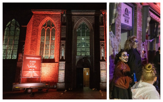 Links een foto van de verlichte kerk, met een spandoek ”Jezus is het licht van de wereld”. Rechts een foto van enigszins geschminkte mensen.