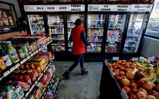 Vrouw met rode jas staat in een winkel voor een koeling met etenswaren.