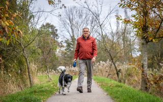 Een man loopt met zijn hond in een groene omgeving.