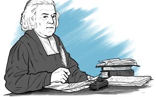 Een tekening waarop een man met een toga met een veer aan het schrijven is. 