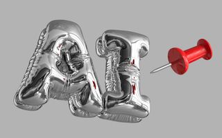 Twee zilverkleurige ballonnen in de vormen van de letters A en I met daarbij een punaise die op het punt staat de ballonnen lek te prikken. 