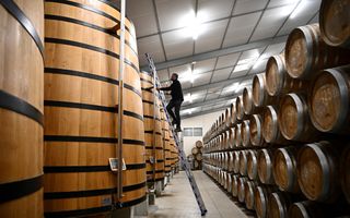 Een keldermeester beklimt een ladder om een ​​monster cognacbrandewijn uit een groot houten vat te nemen om het alcoholpercentage te meten in het wijnhuis Chateau Montifaud in het zuidwesten van Frankrijk.