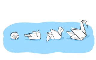 vier vormen van papier, steeds kunstiger gevouwen. De laatste is een mooie zwaan