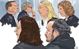 Een tekening van verschillende mensen. Linksvoor een vrouw met halflang haar. Rechtsvoor een man met een baardje. 