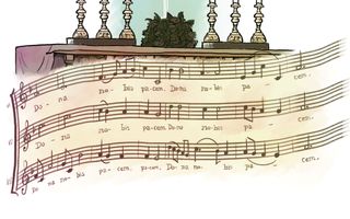 Illustratie van een systeem van drie golvende notenbalken met tekst. Daarboven een zestal kaarsen in kandelaars en een kruis met bloemen aan de voet.