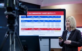 Blonde vrouw in donker jasje geeft uitleg bij een scherm waarop onder andere staat: ”Gecombineerd tarief IB/PVV”.