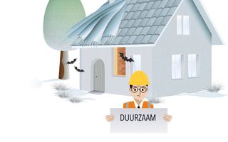 Illustratie van een woning met vleermuizen die er omheen fladderen en een shawl om de schoorsteen geknoopt. Op de achtergrond een boom achter de woning en op de voorgrond een mannetje die een bordje vasthoudt met daarop het woord DUURZAAM.