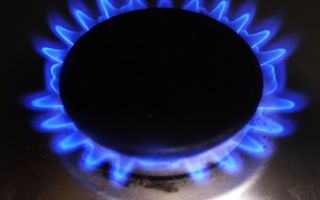 Een zwarte schijf van een gaspit met eromheen blauw vuur van een fornuis dat op gas werkt.